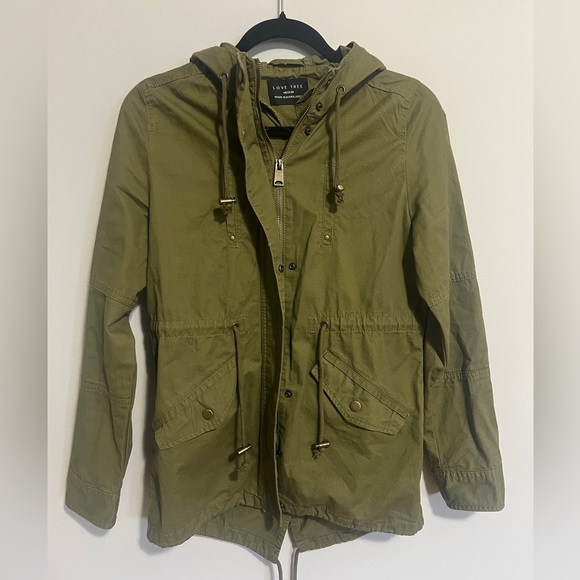 Love tree army green full zip/snap hooded adjustable waist jacket coat women’s M - Picture 1 of 12